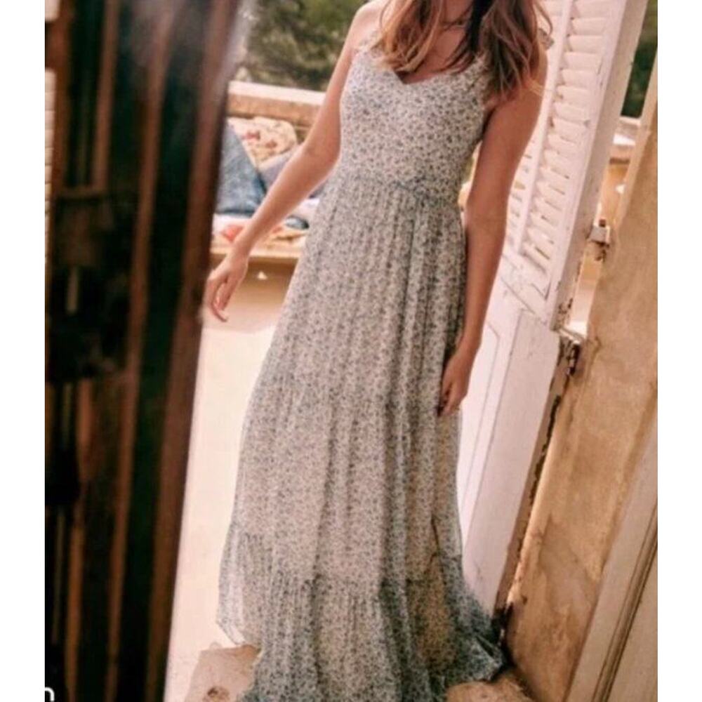Sezane Floral Maxi Dress in Cream and Green